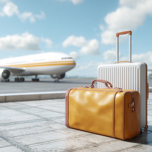 Vintage yellow leather suitcase and modern white carry-on luggage at airport tarmac with airplane - luxury travel tweezers and beauty essentials guide