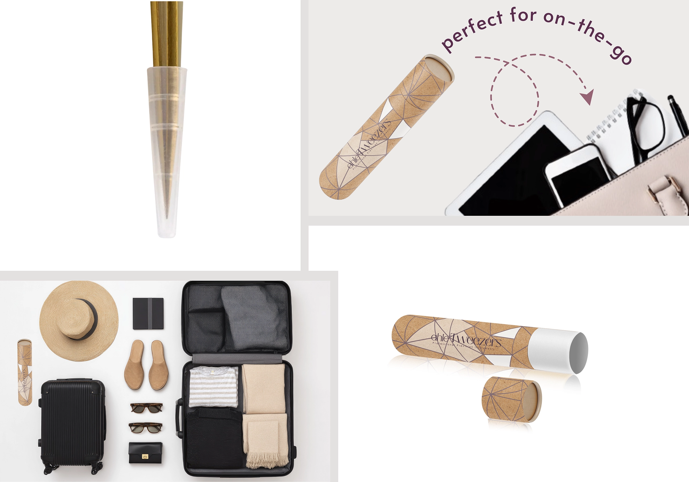 Travel tweezer tube with tweezers stored in a protective case.