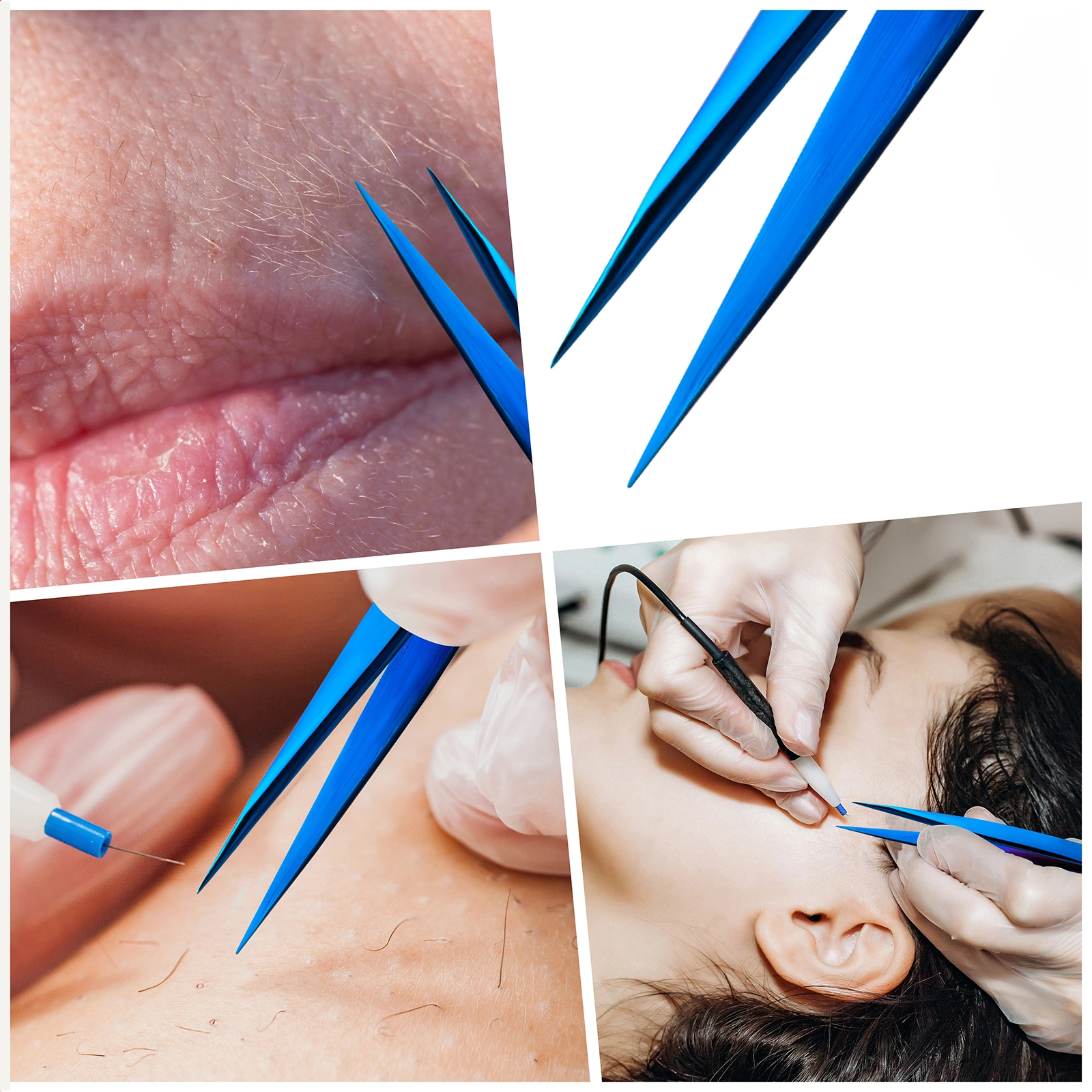 Rust-resistant tweezers for electrolysis treatments and clinical environments.