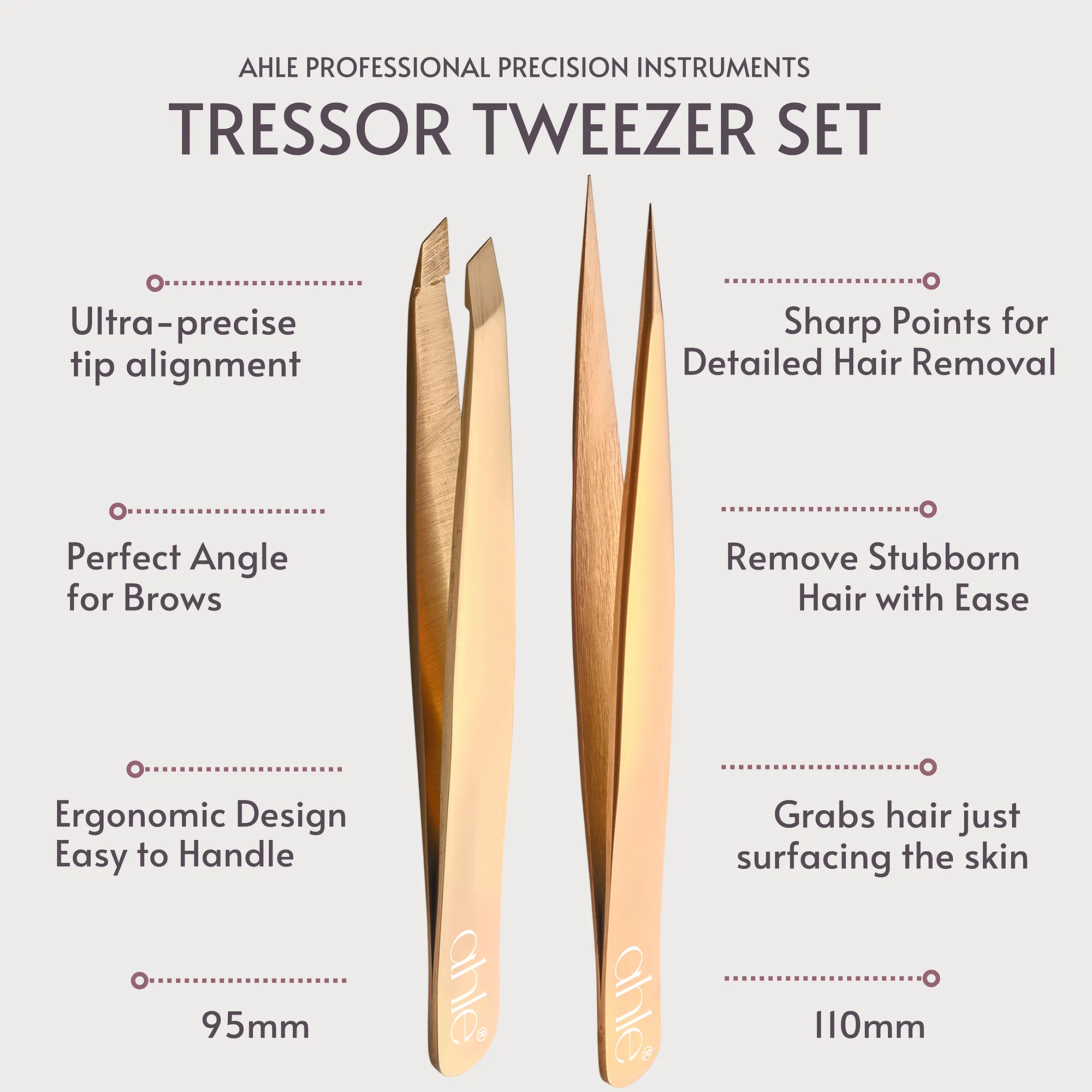 Tweezer set for women’s facial hair and eyebrows, pointed and slanted tips