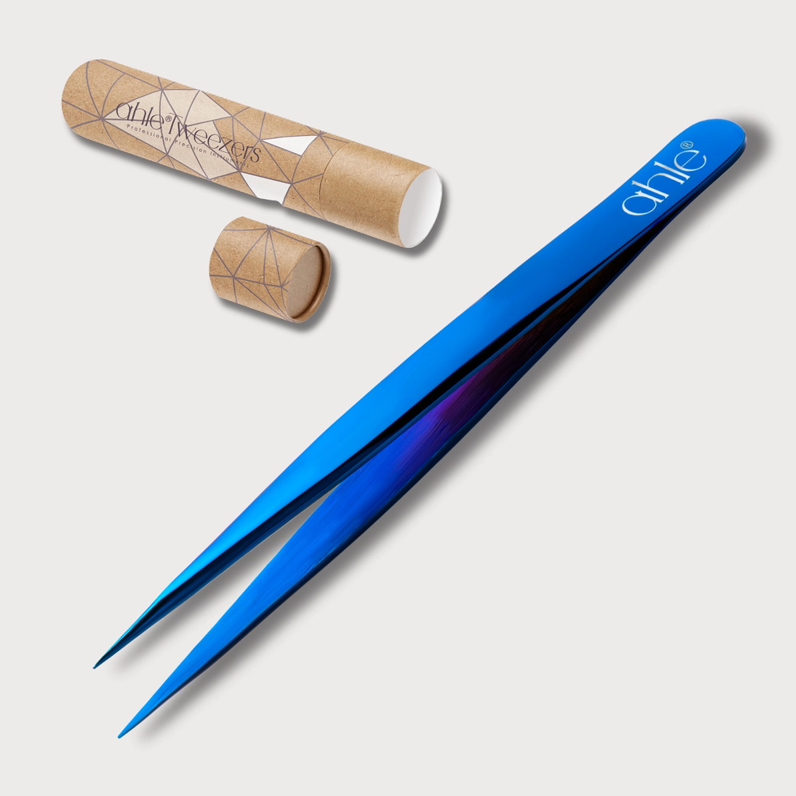 Professional stainless steel pointed tweezers with tube for sensitive skin and surgical precision.