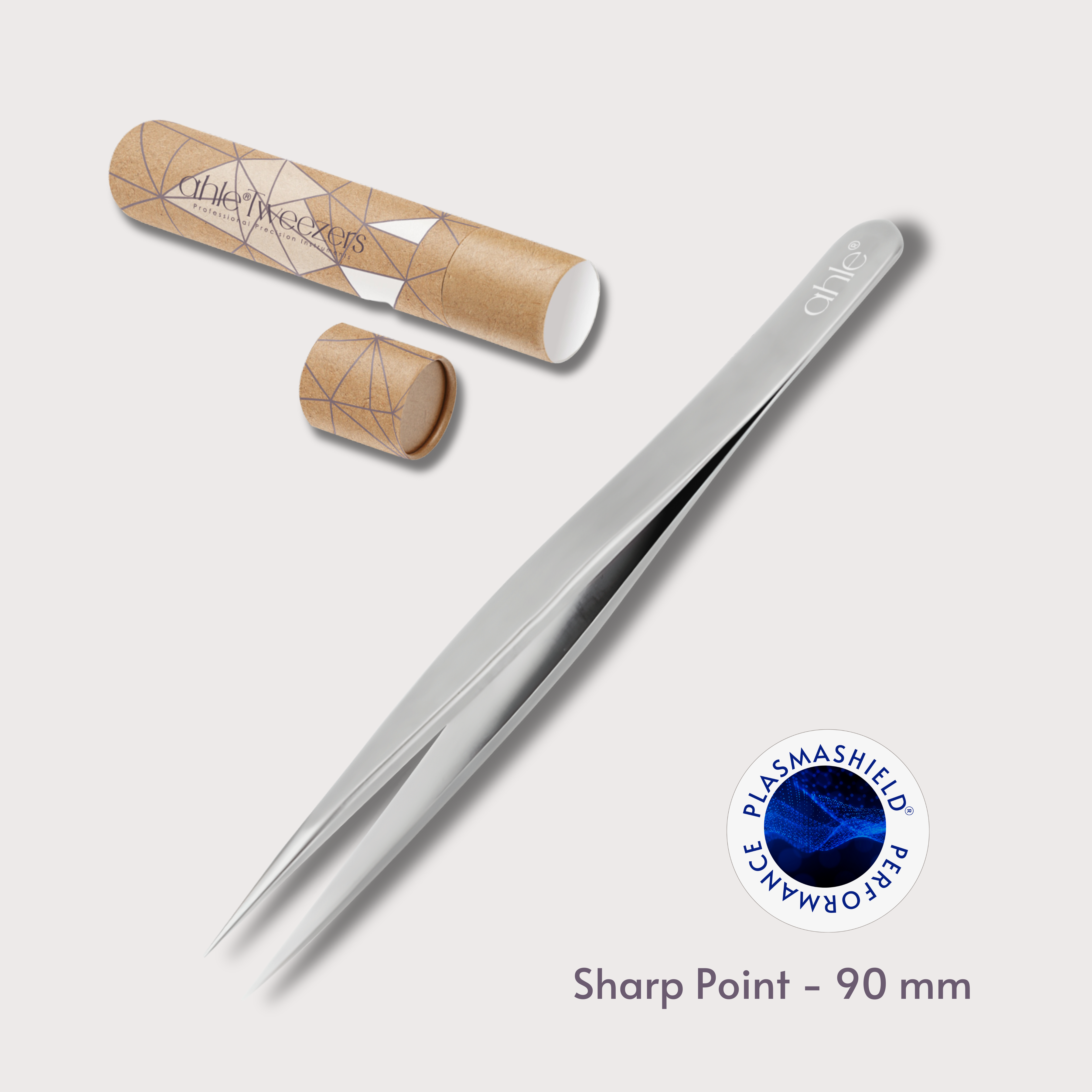 Ergonomic pointed tweezers for salon specialists and lash extension applications.