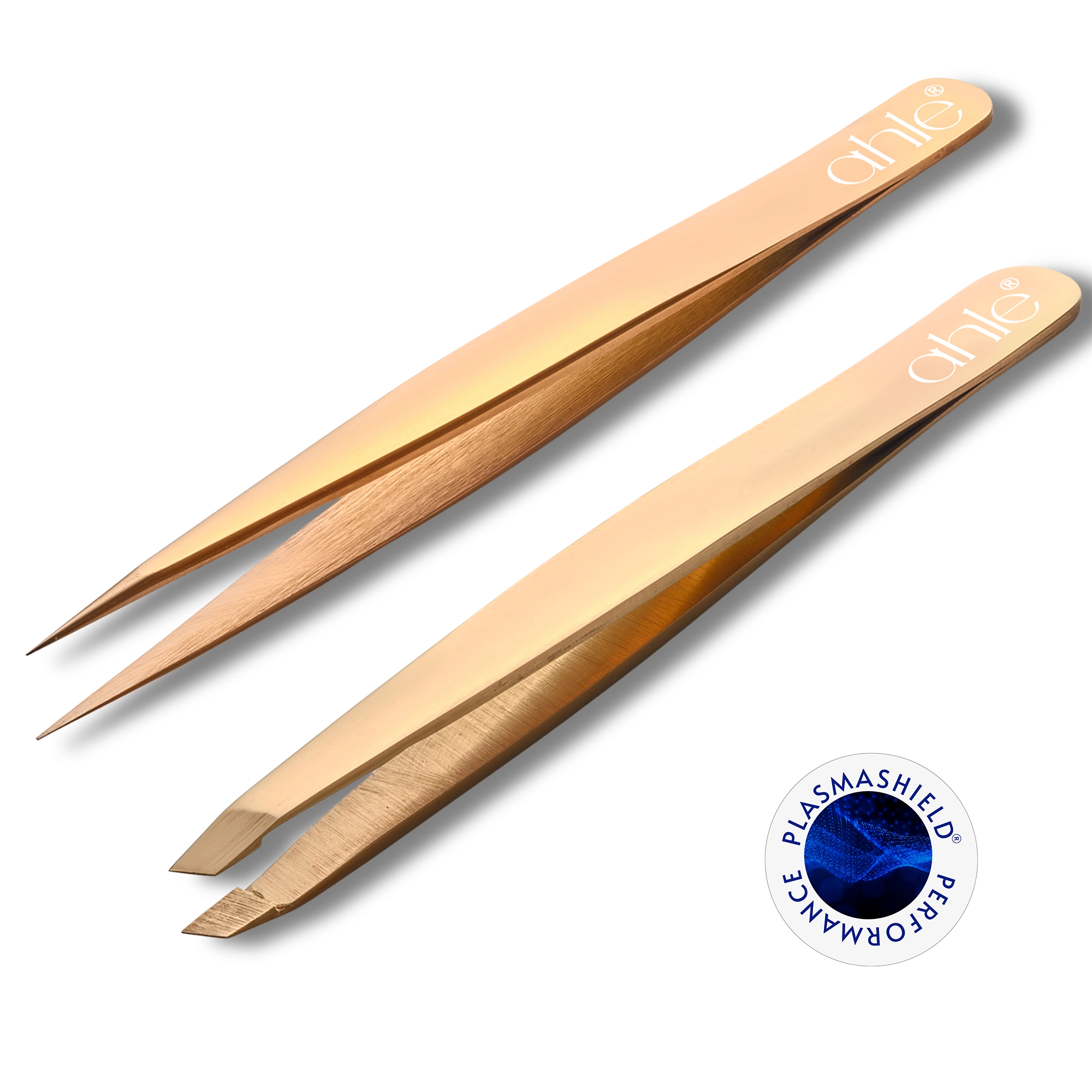 Rose gold tweezer set with pointed and slanted tips for precise eyebrow and facial hair grooming