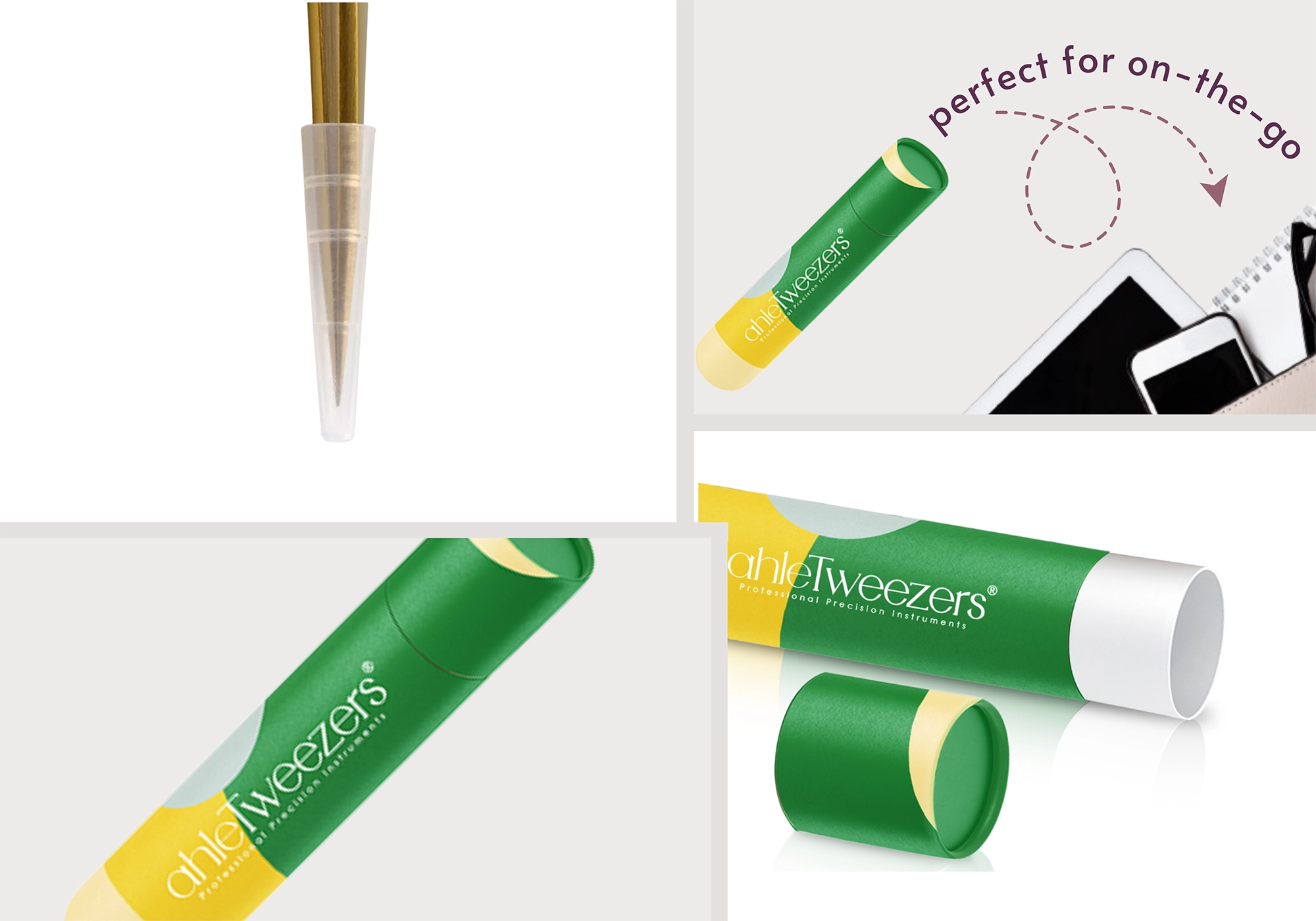 Travel tweezer tube with tweezers in a protective case.
