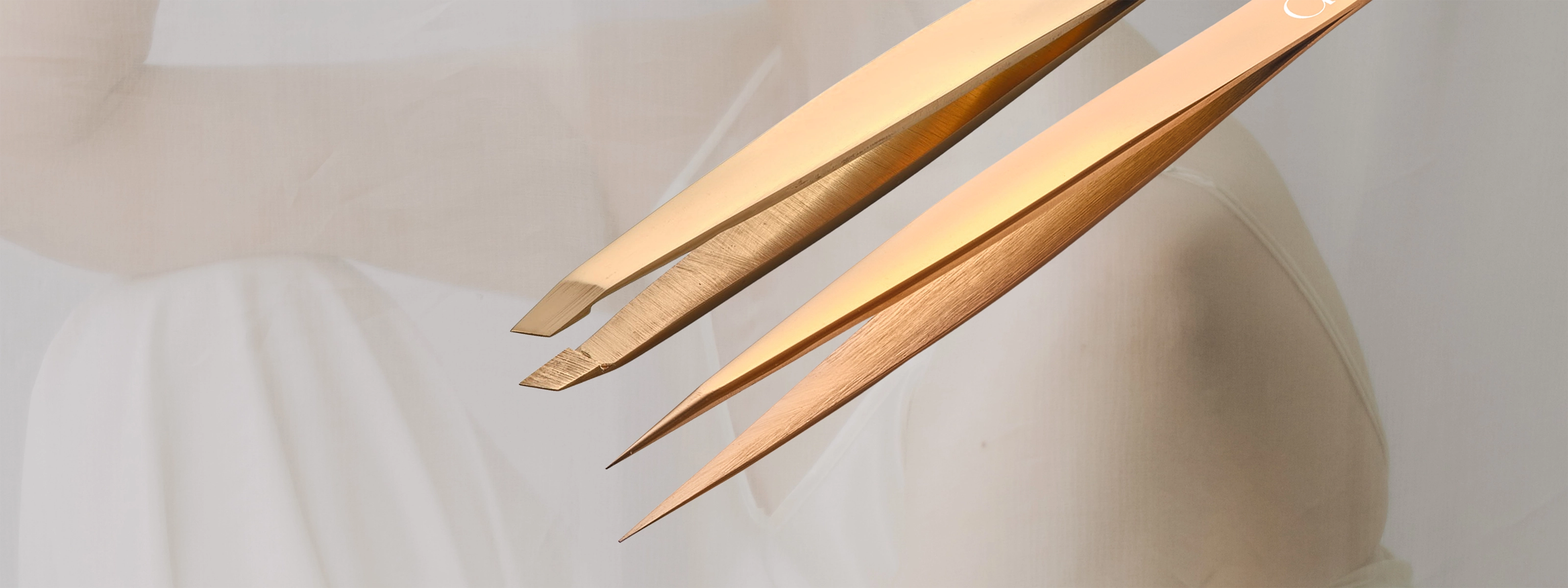 AHLE gold precision tweezer set showing slanted and pointed tips with perfect alignment on purple gradient background - no slipping, clean, effortless results every time