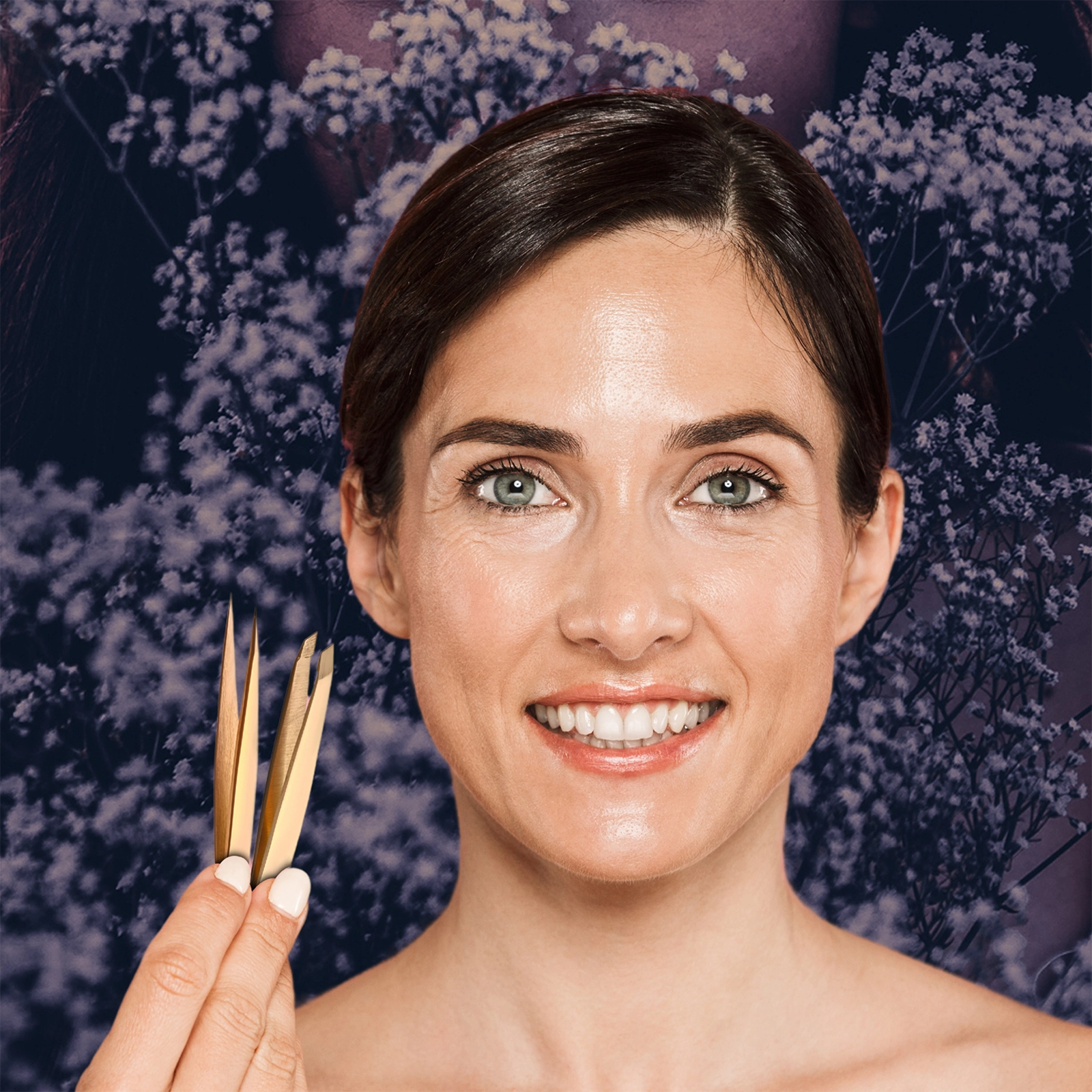 Gold slanted tweezers designed for precise eyebrow grooming and shaping.