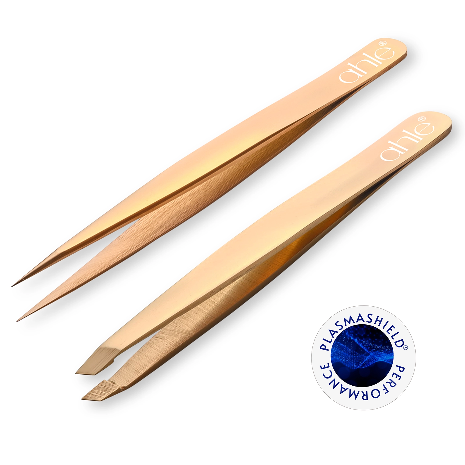 Rose gold tweezer set with pointed and slanted tips for precise eyebrow shaping and facial hair removal, suitable for men and women.
